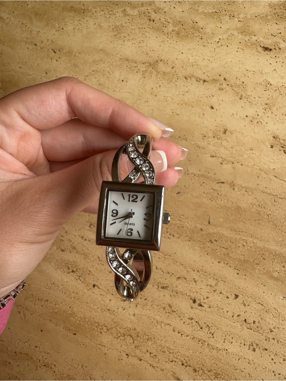 Quartz Crystal Accent Silver Bracelet Watch